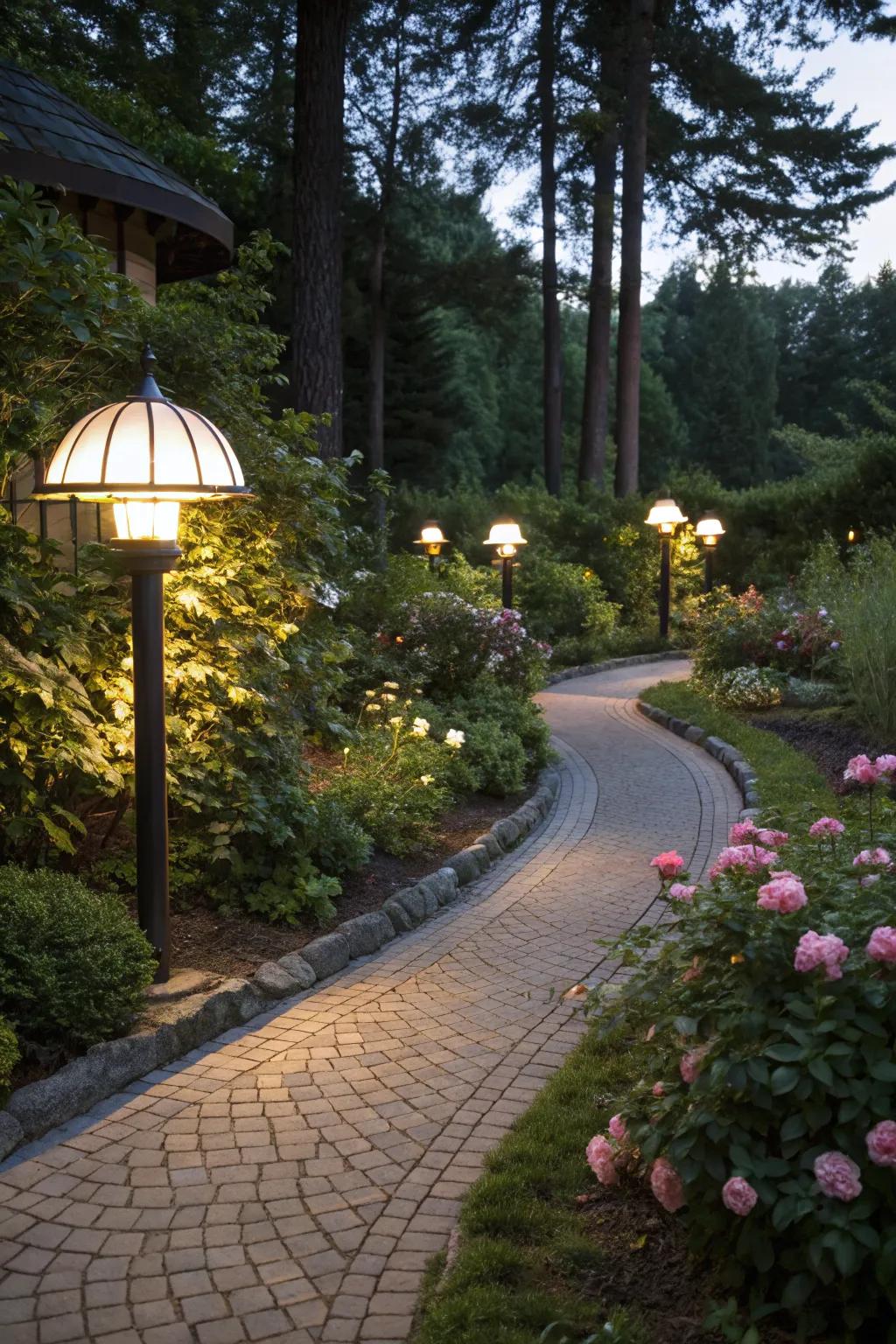 Cupola-shaped lamps lighting up a garden path.
