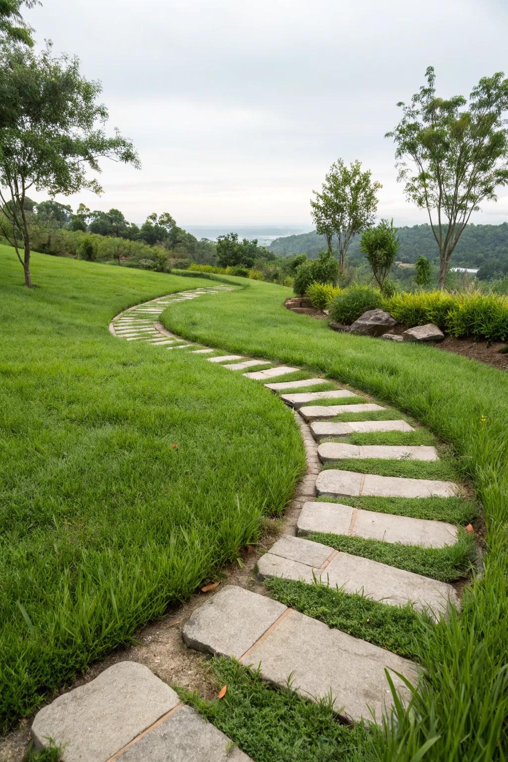 A curved walkway featuring stepping stones nestled charmingly in grass.