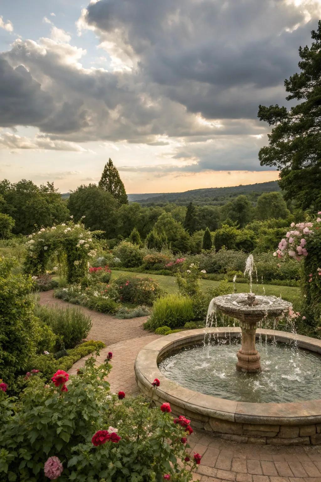 A round fountain serves as a captivating garden centerpiece.