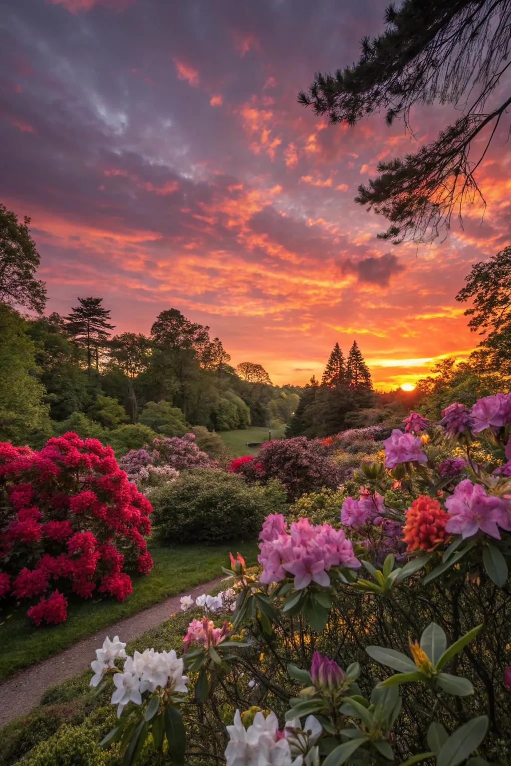 A sunset garden that glows in the evening light.
