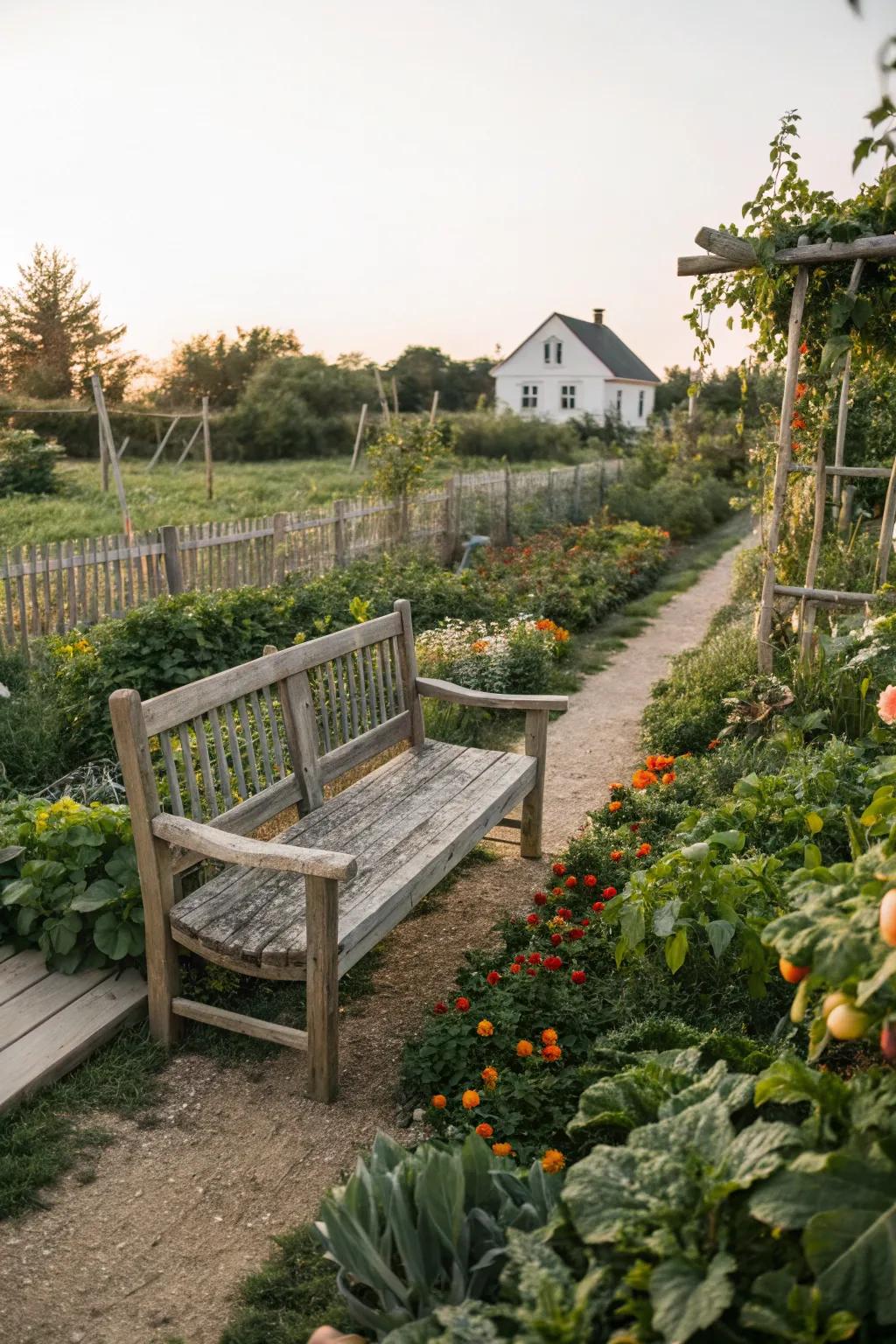 A seating nook invites relaxation and enjoyment of the garden.