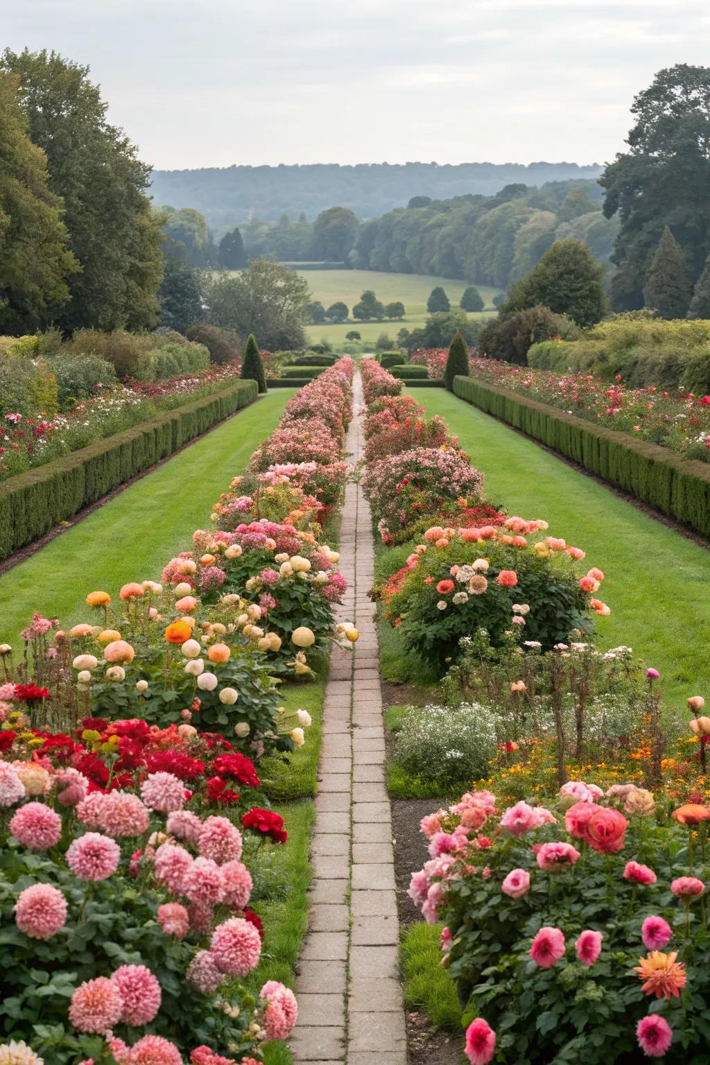 A symmetrical layout offers elegance and order in a dahlia garden.