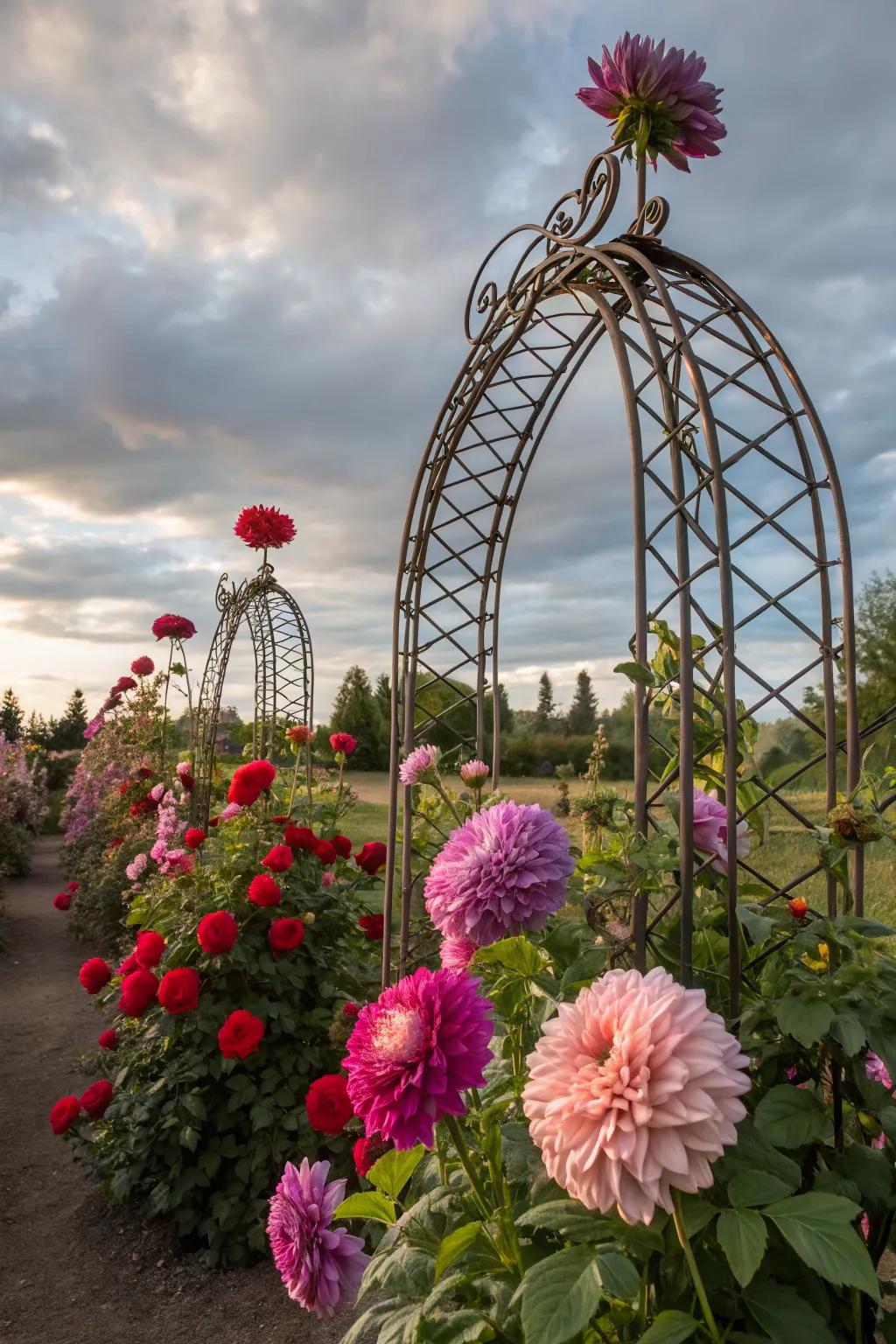 Garden art providing both support and visual interest for dahlias.