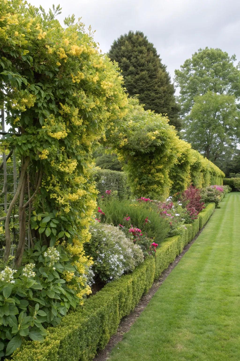 A dappled willow hedge creates a natural and colorful boundary.