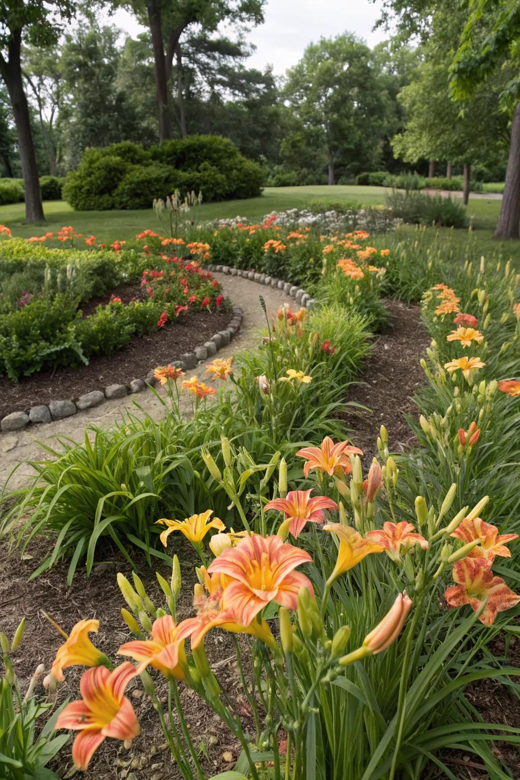 Geometric daylily patterns adding structure and flair.