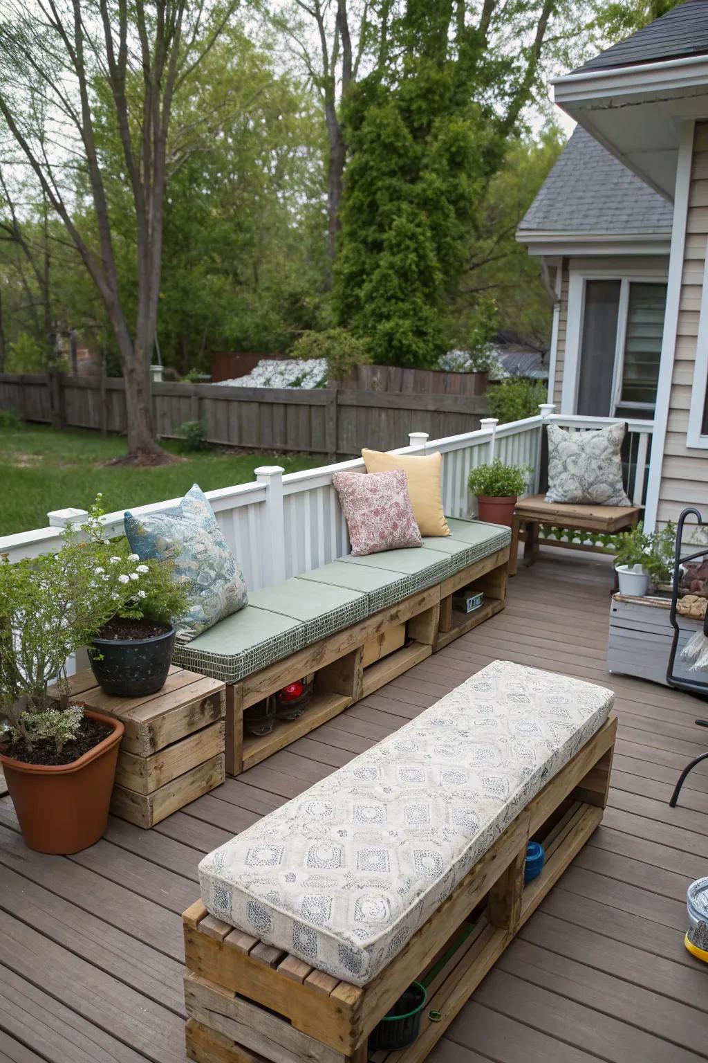 Handmade DIY benches add charm and seating to this deck.