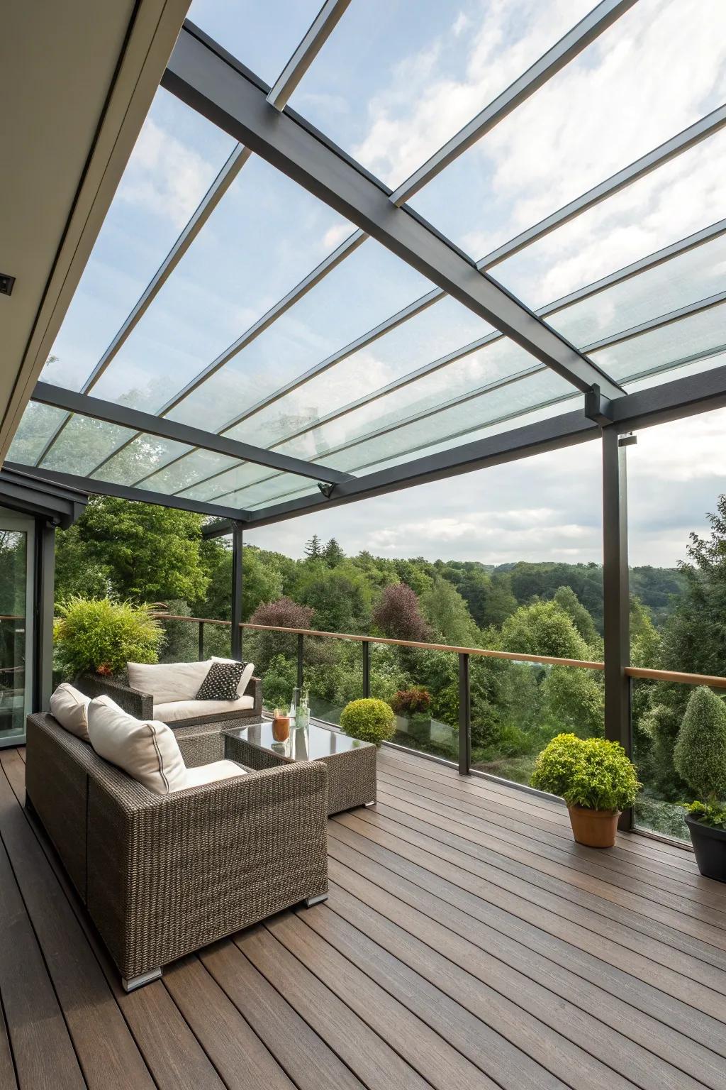 Glass roof canopies offer modern protection with natural light.