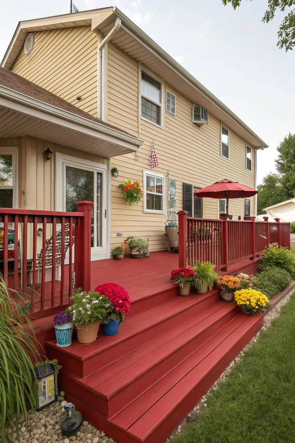 Ruby red decks create a bold and lively contrast.