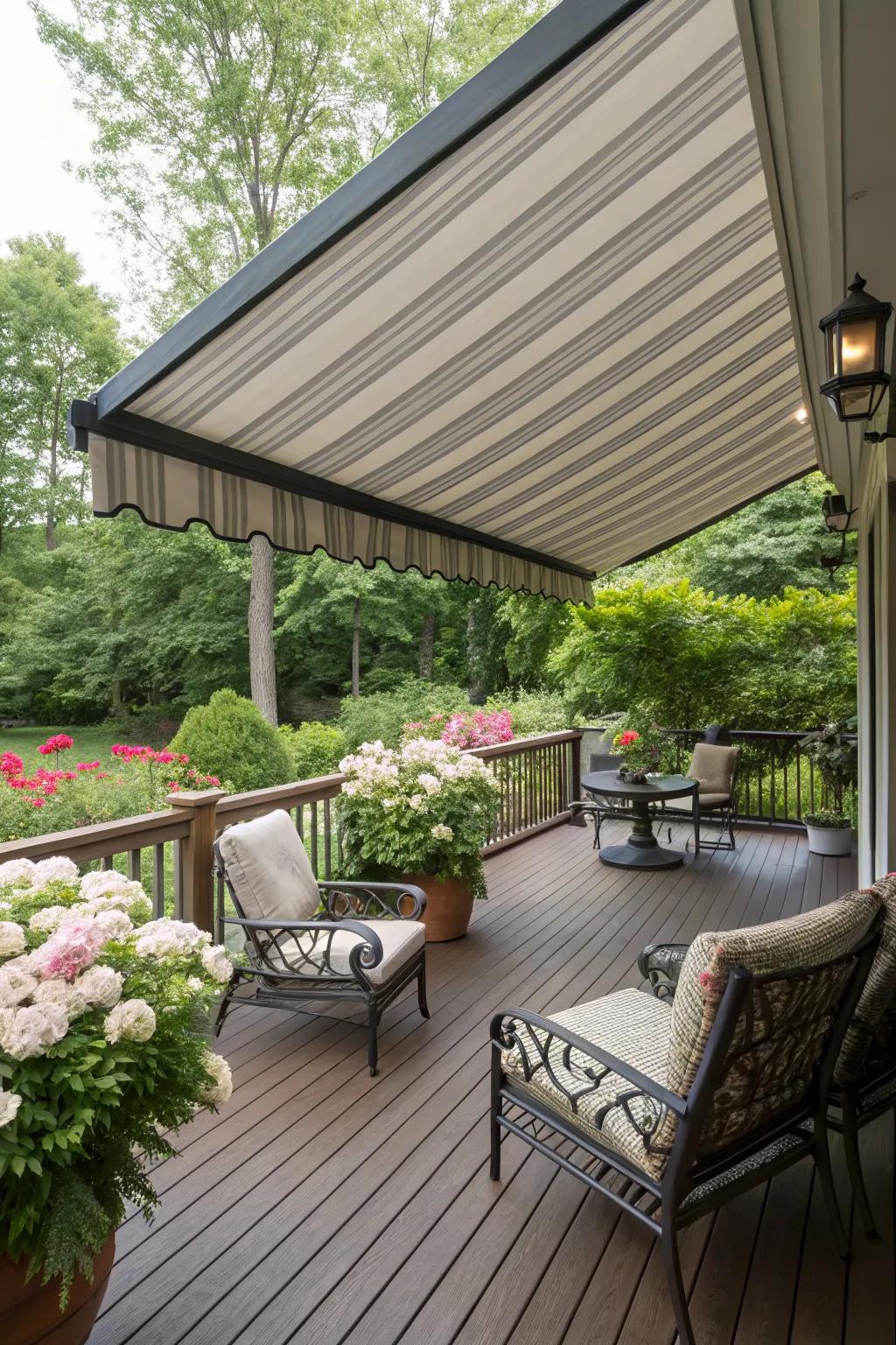 A retractable awning provides versatile shade for the deck.