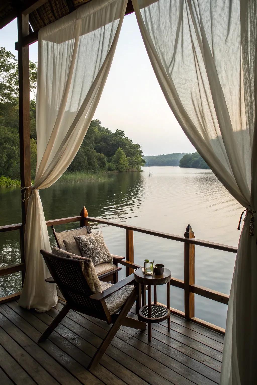A cozy deck space with curtains for privacy.