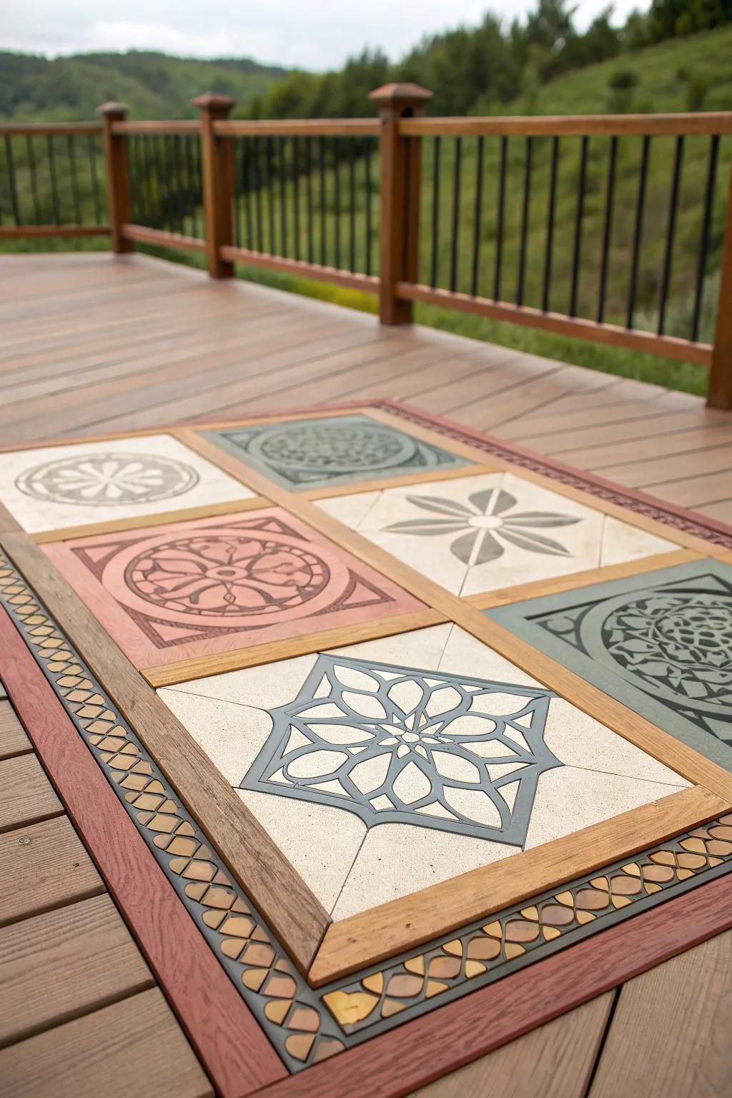 A deck with modern contrasting inlays that create a stunning visual impact.