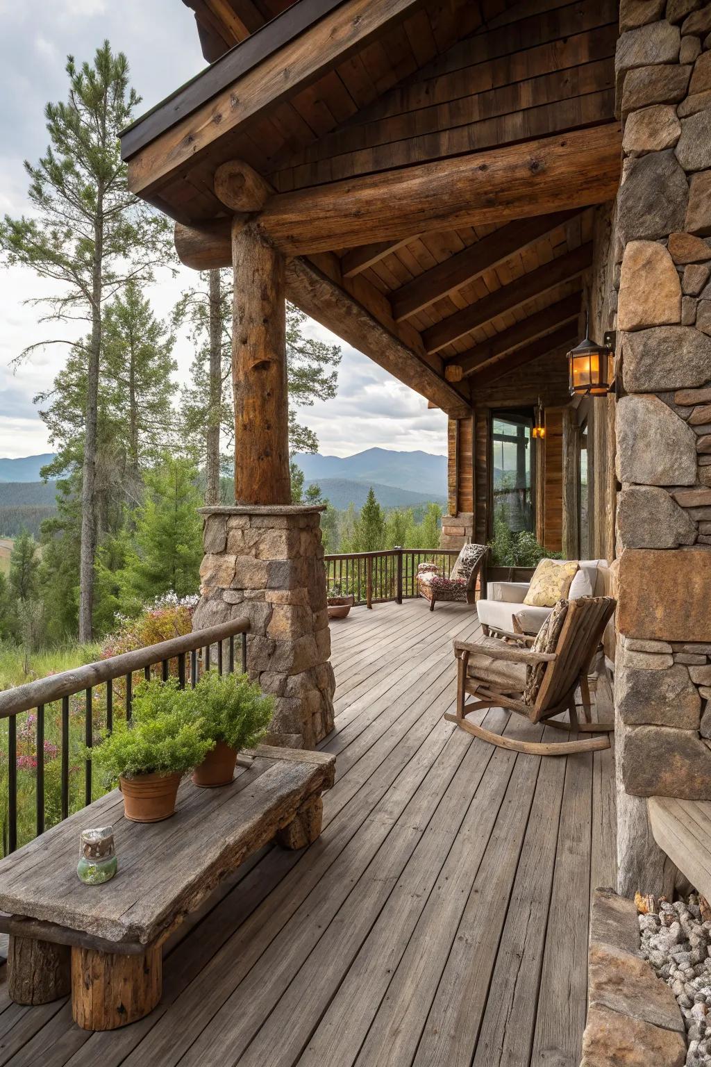 Rustic charm creates a warm and inviting outdoor space.