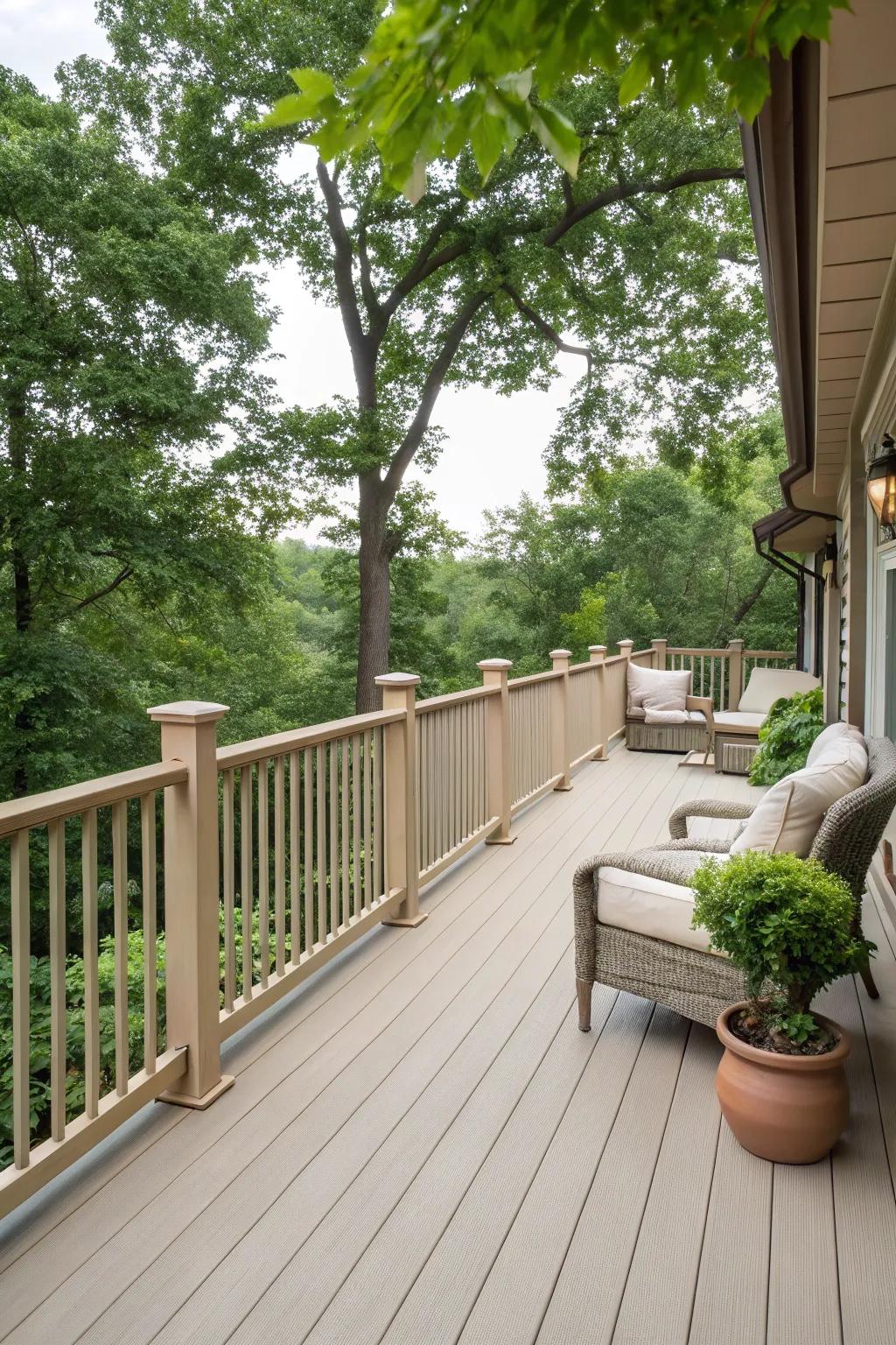 Beige railings offer a subtle, cohesive look to outdoor spaces.