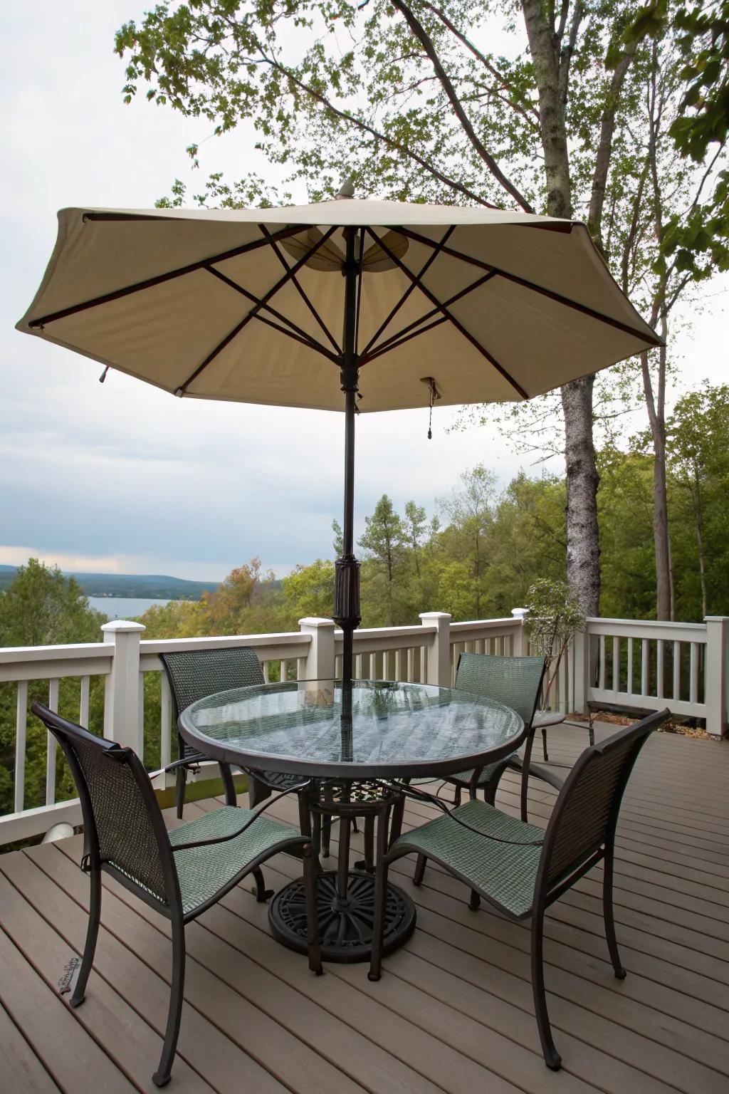 Stay cool and stylish with a glass table and umbrella.