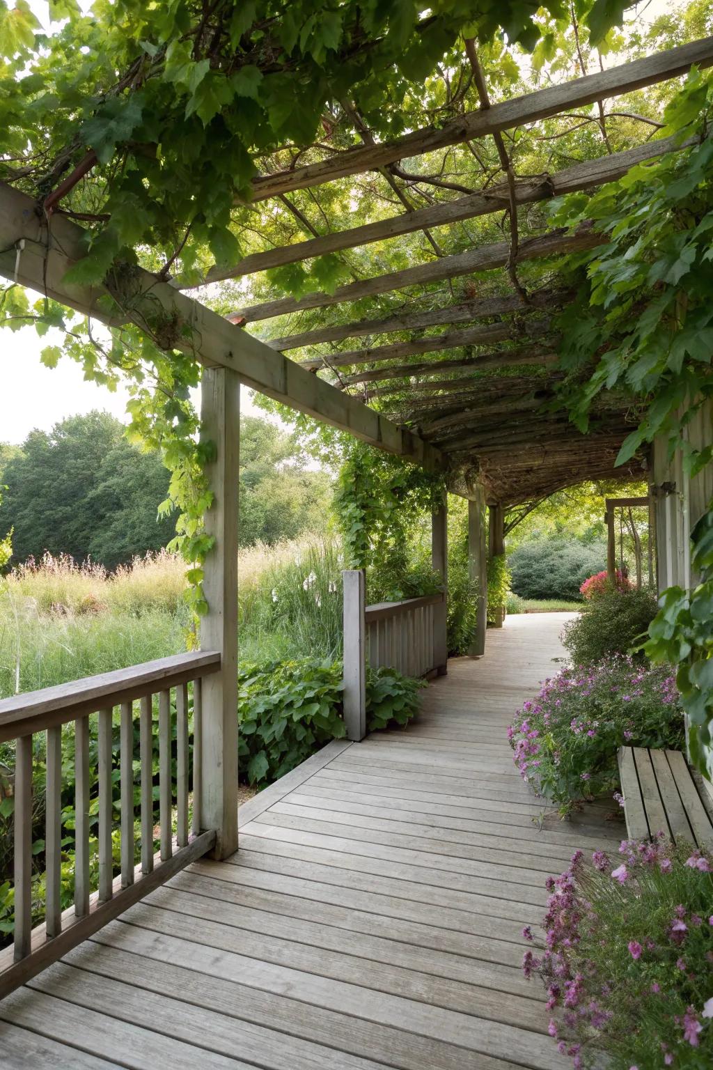 Embrace nature with a trellis adorned by climbing vines.