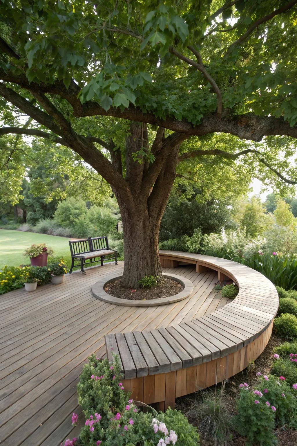 Tree-surrounding benches blend nature and design beautifully.