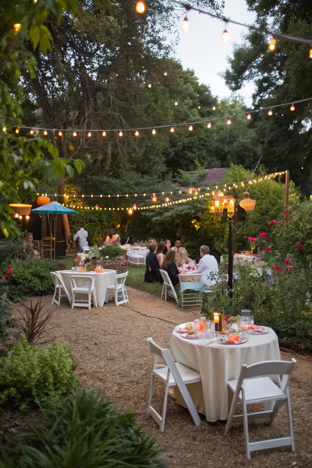 A party-ready backyard area on decomposed granite.