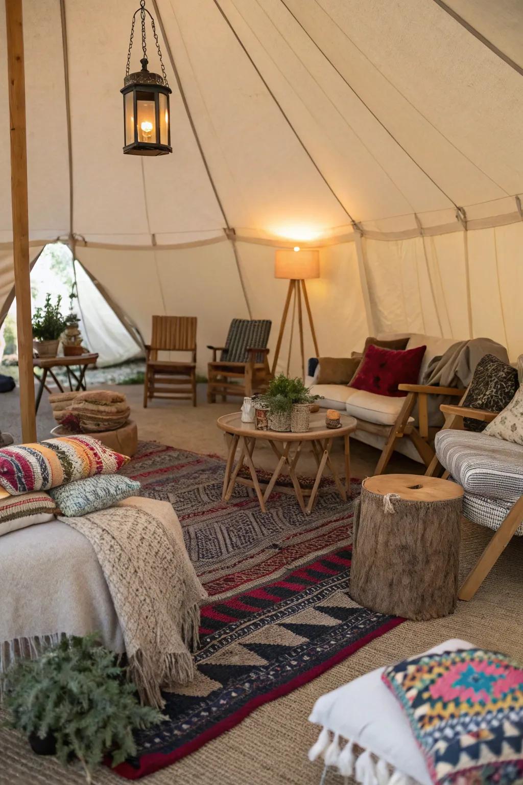Creative seating arrangements offer a cozy and informal vibe inside this tent.