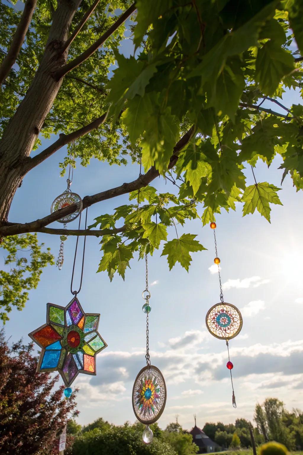 Suncatchers add a dazzling and colorful visual effect to your outdoor trees.