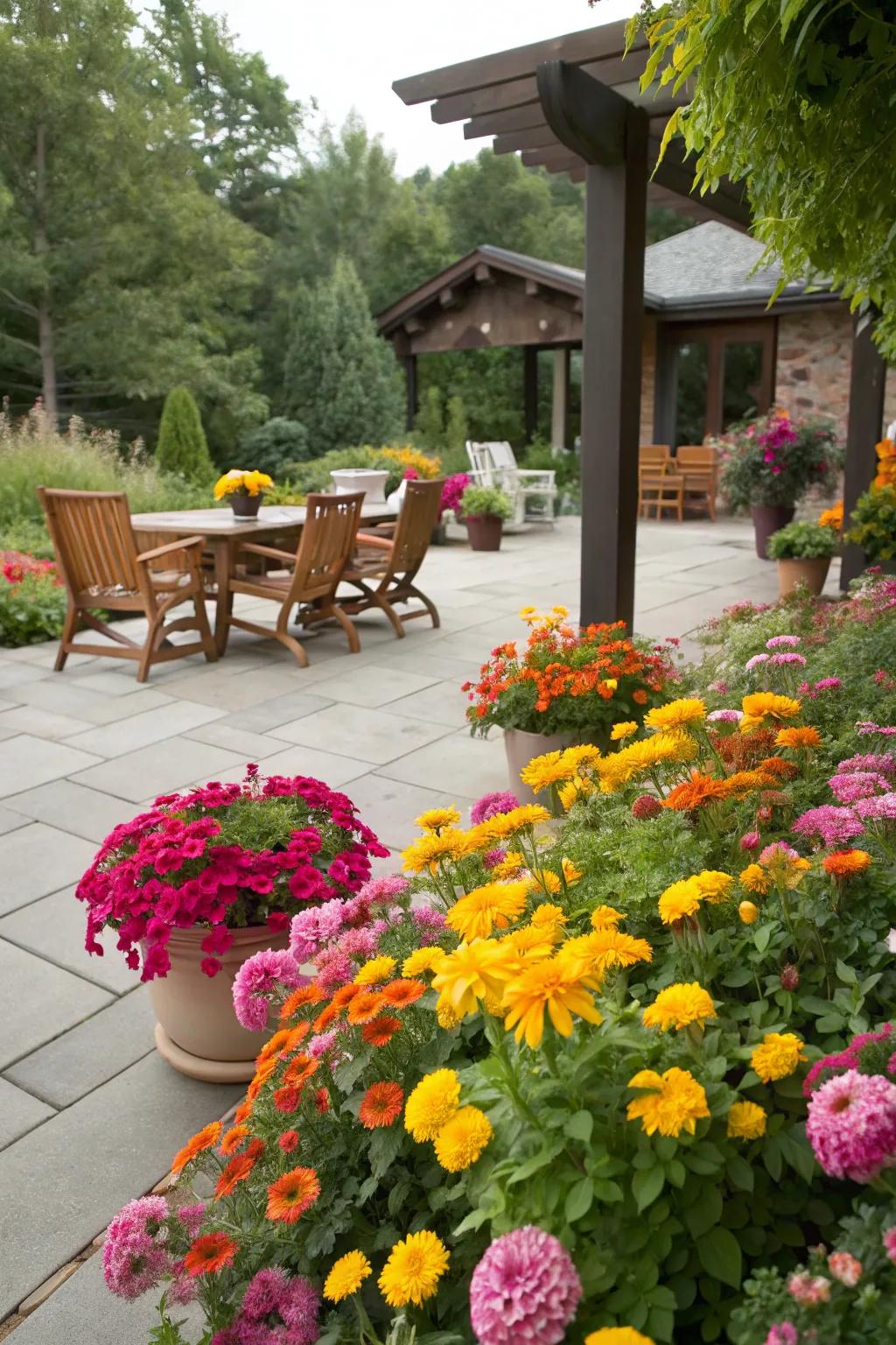 Seasonal flowers ensure vibrant color on the patio all year long.