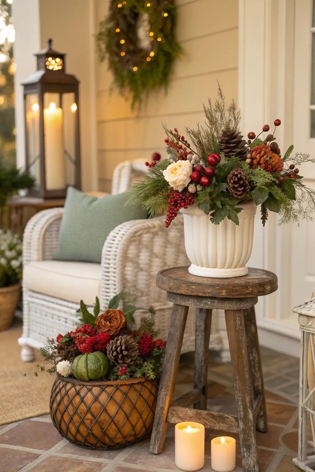 A room where a garden stool changes with the seasons, displaying festive decor.
