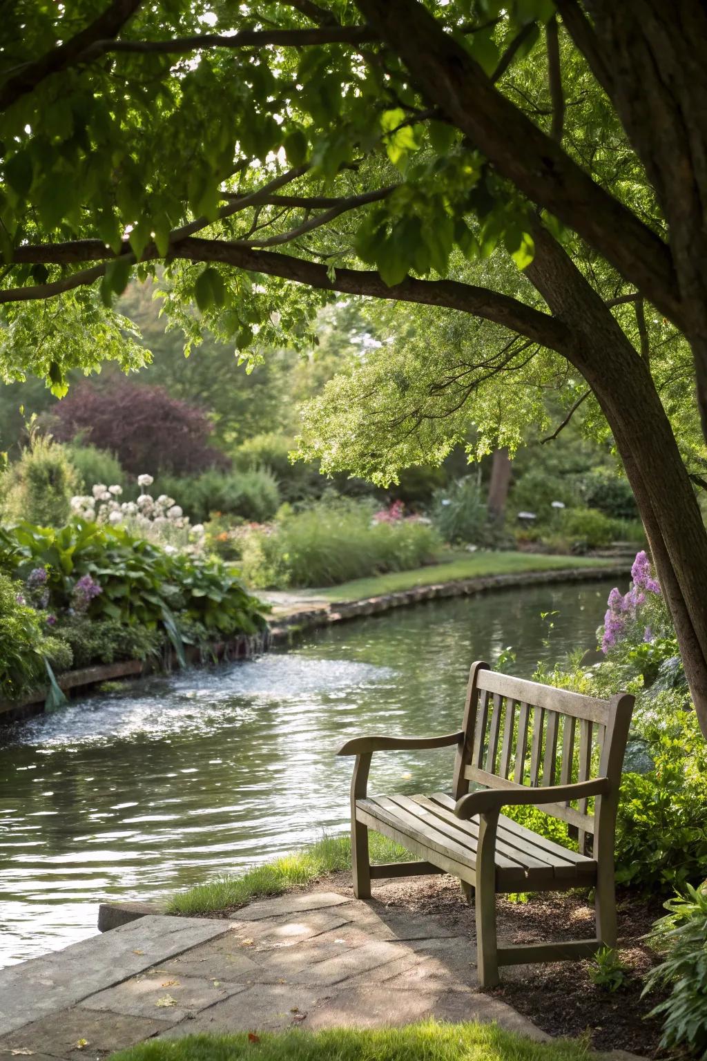 A bench near a water feature offers a soothing, tranquil garden spot.