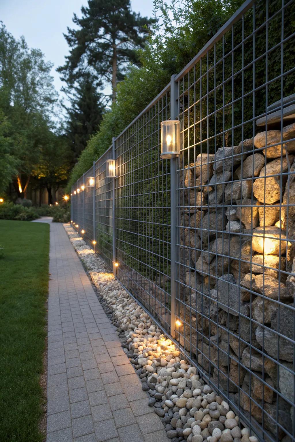 Hidden sculptures and lighting add an element of surprise to this creative gabion fence.