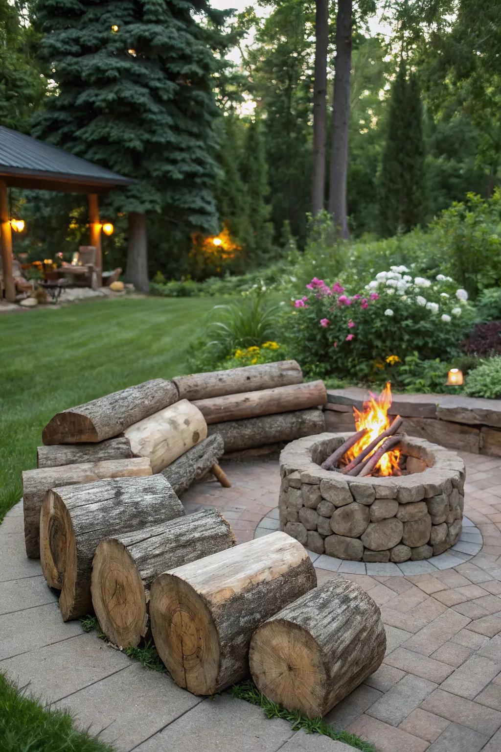 Natural log seating creates a cozy gathering spot in the garden.