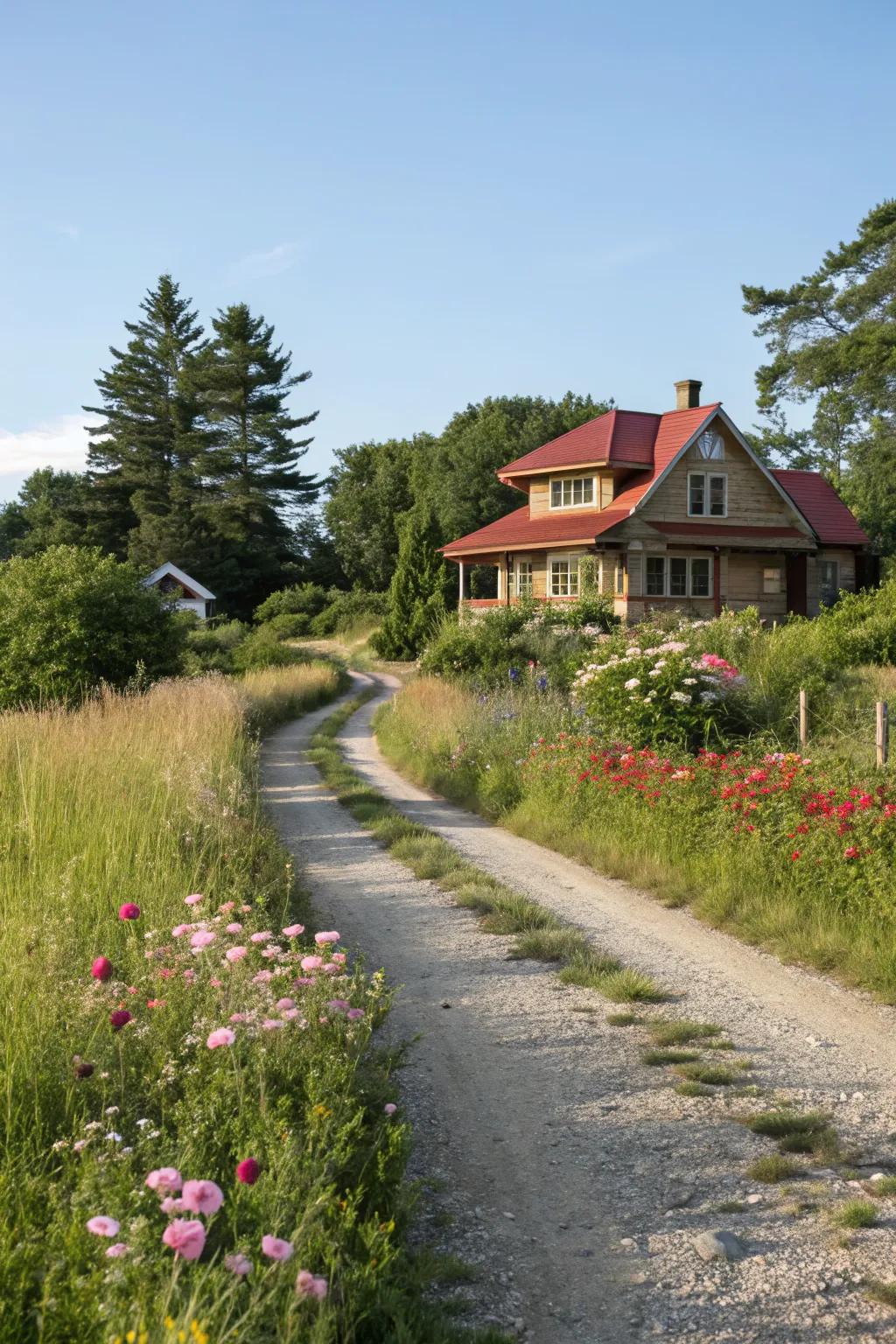 A charming gravel driveway adding rustic appeal.