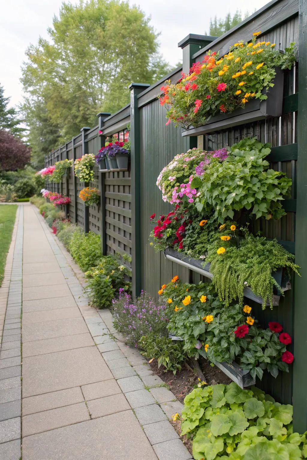 Vertical gardens on fences offer vibrant color and natural beauty.