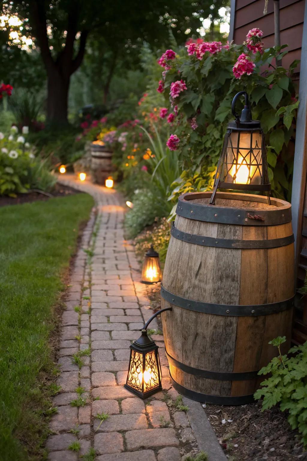 Illuminating the garden with a rain barrel lantern.