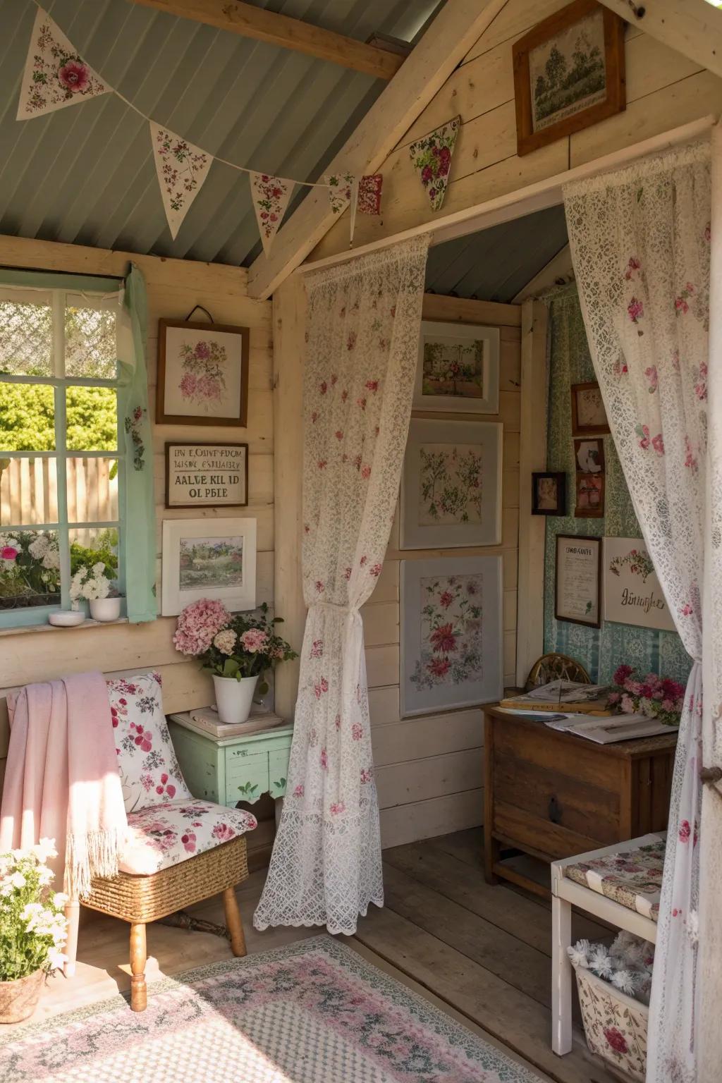 A shed adorned with cozy cottage core decor.