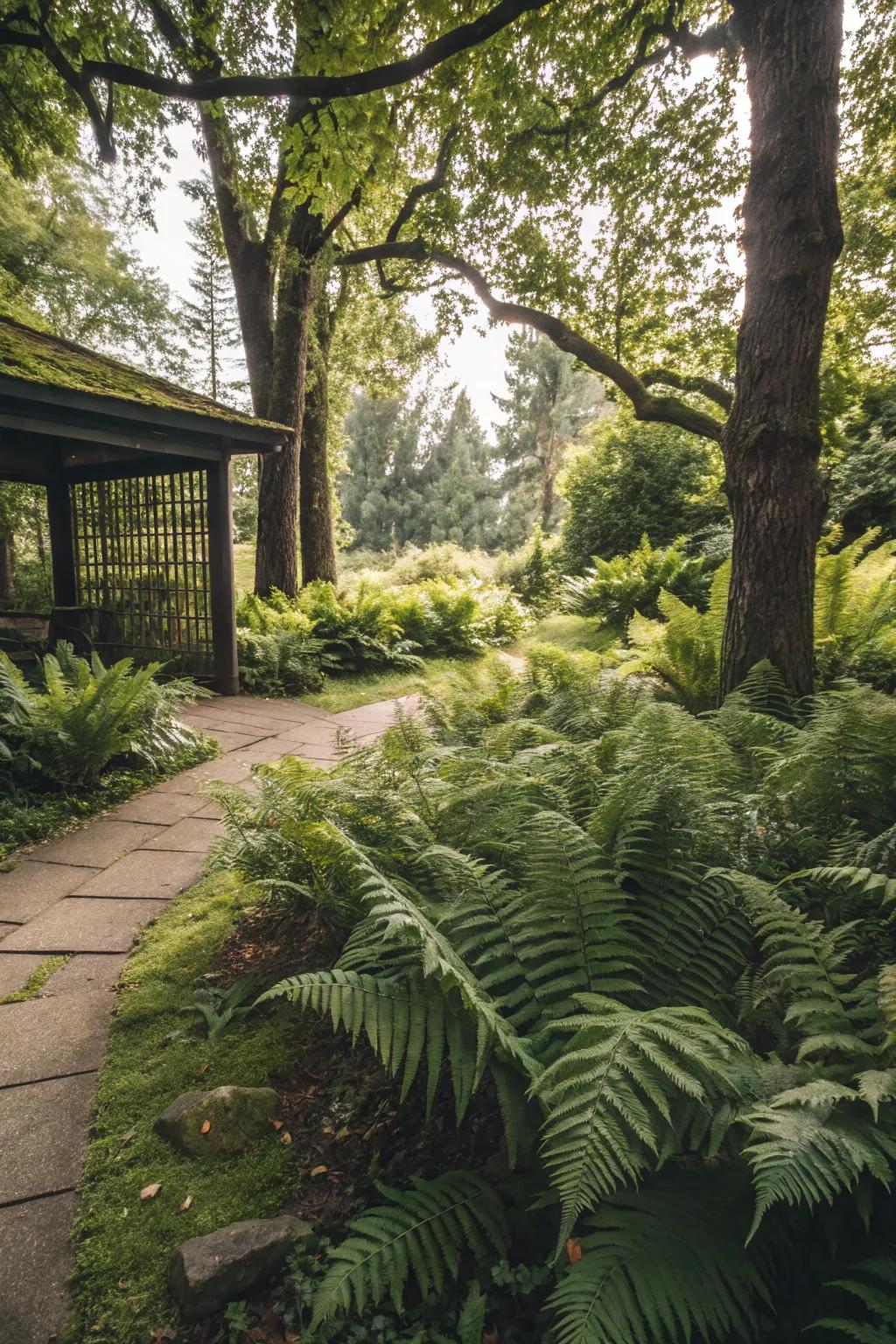 Ferns provide lush foliage and a natural deer deterrent.