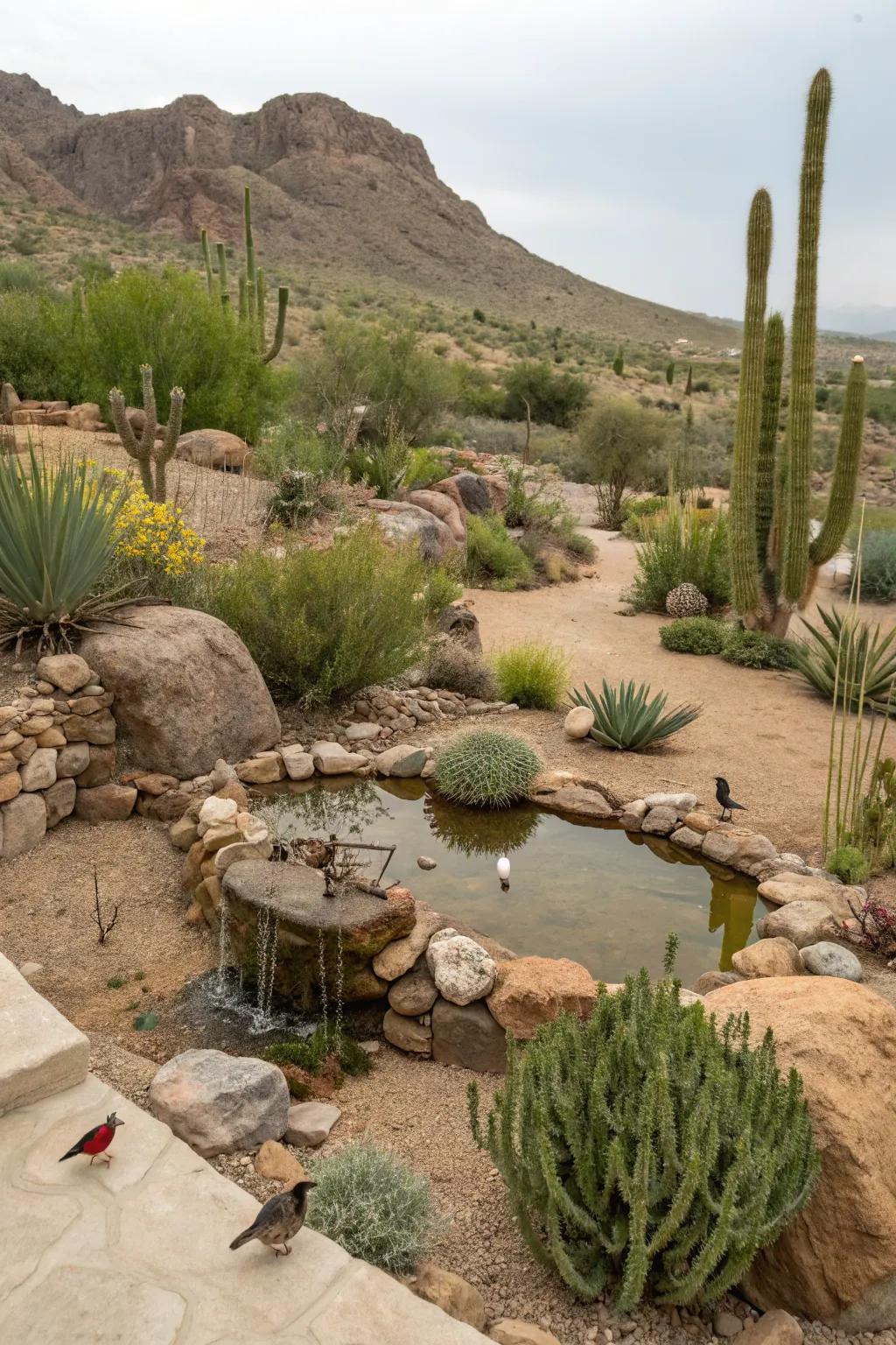 Wildlife-friendly elements enhance the desert garden ecosystem.