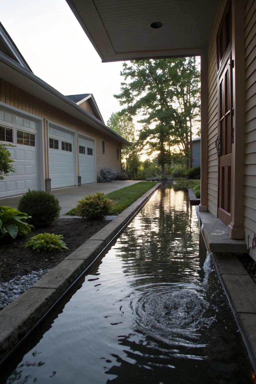 A calming water feature adds tranquility to a breezeway.