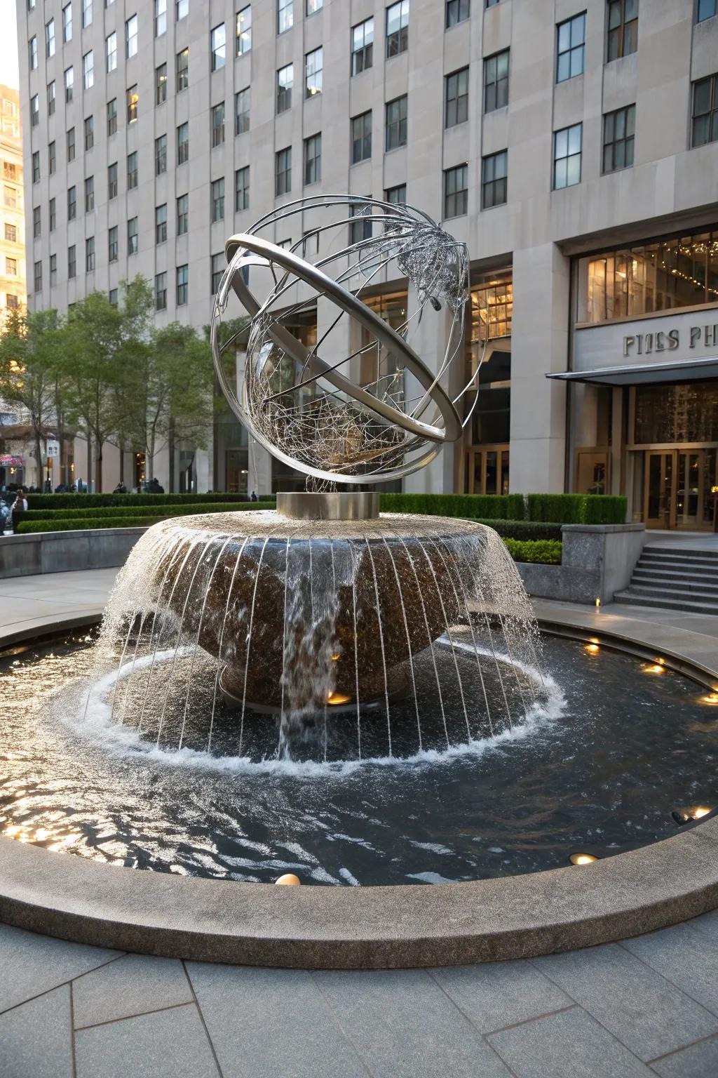 A modern disappearing fountain featuring bold metal sculpture elements.