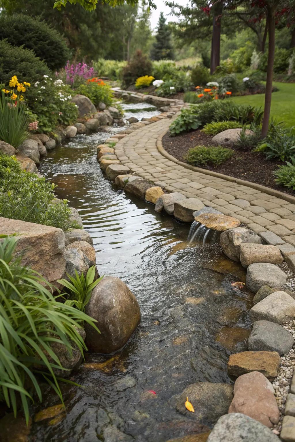 A water channel creatively directs water flow, protecting the home's foundation.