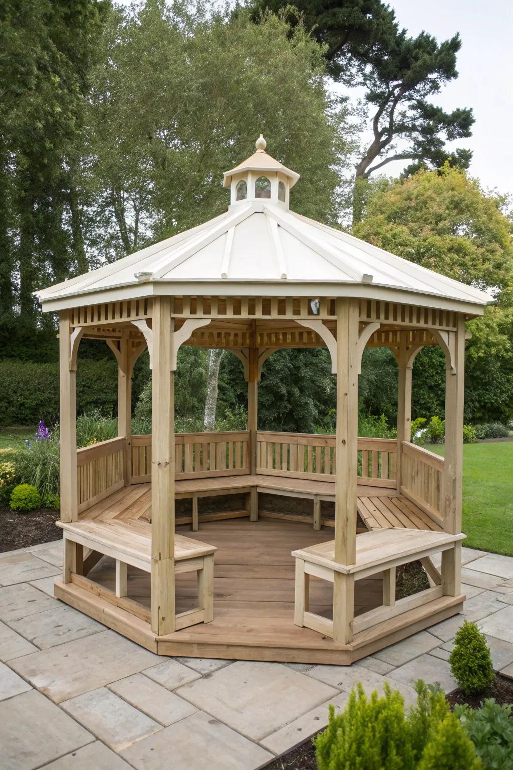 A gazebo with built-in seating for a smart use of space.