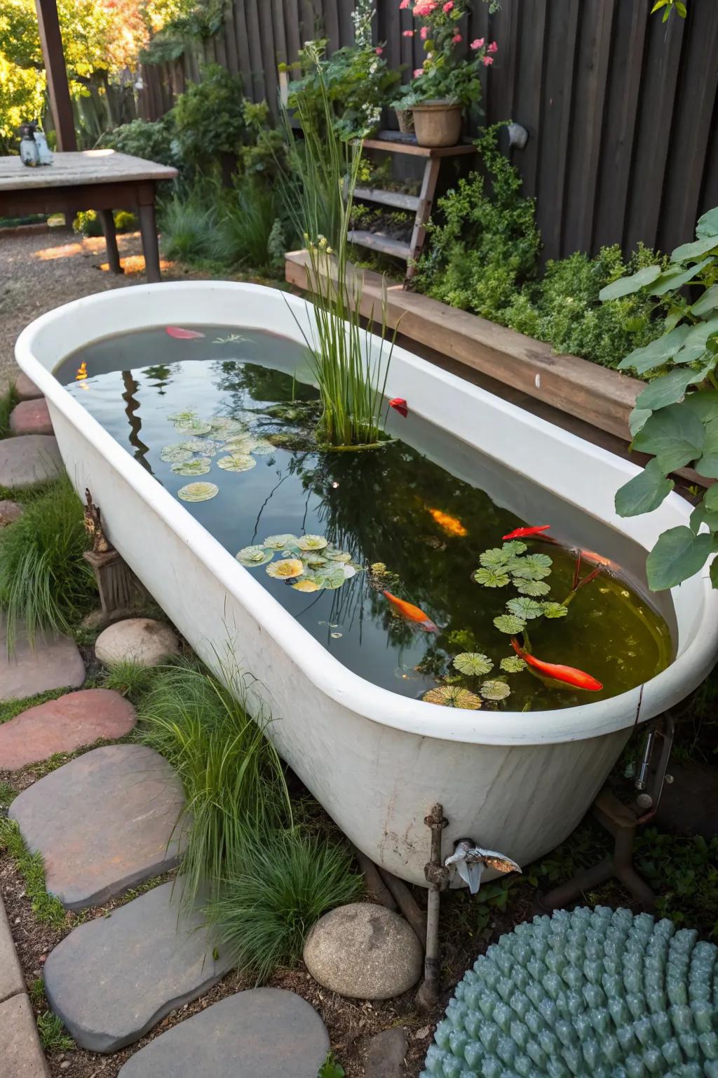 Turn an old bathtub into a quirky garden pond.