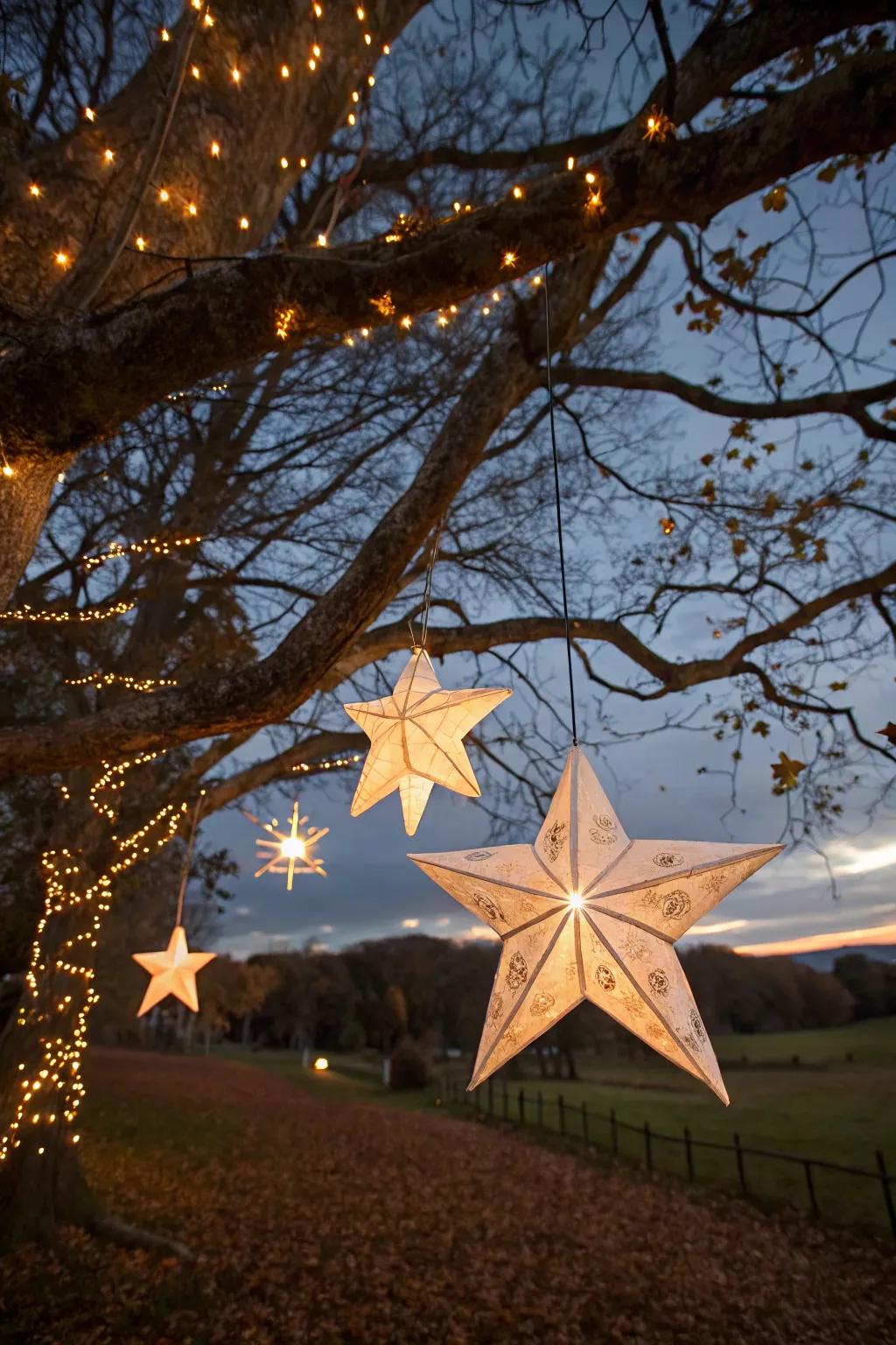 Floating star lanterns add an ethereal touch to your outdoor decor.