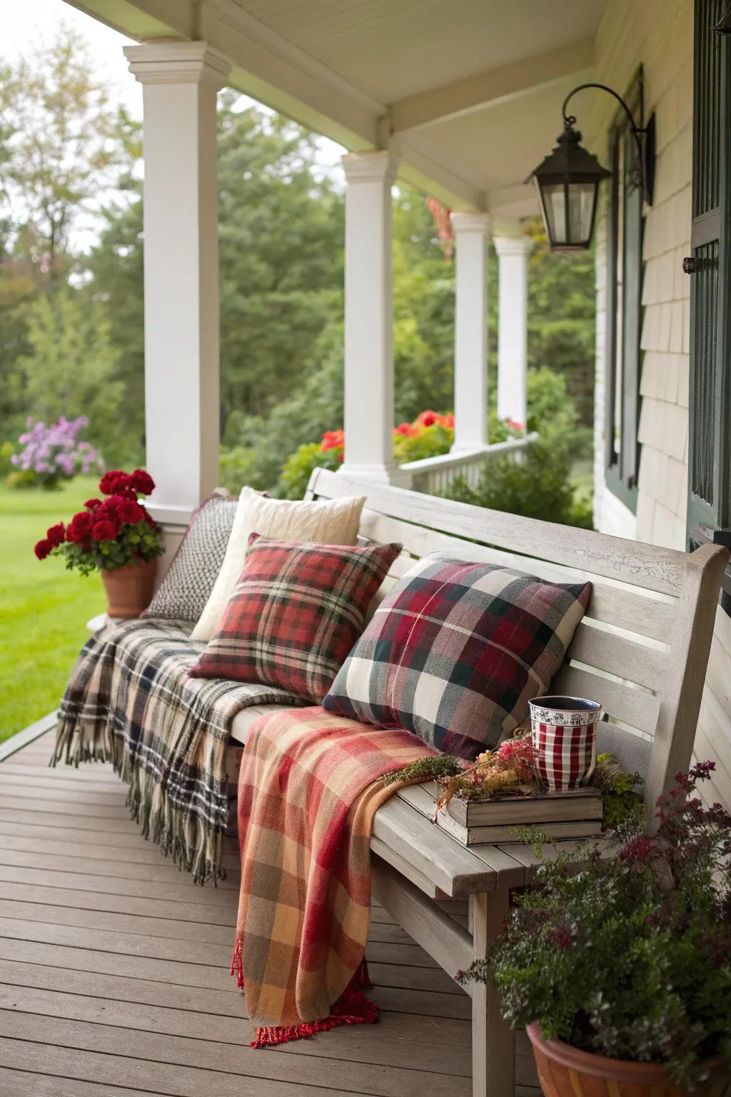 Cozy plaid blankets and pillows for fall.