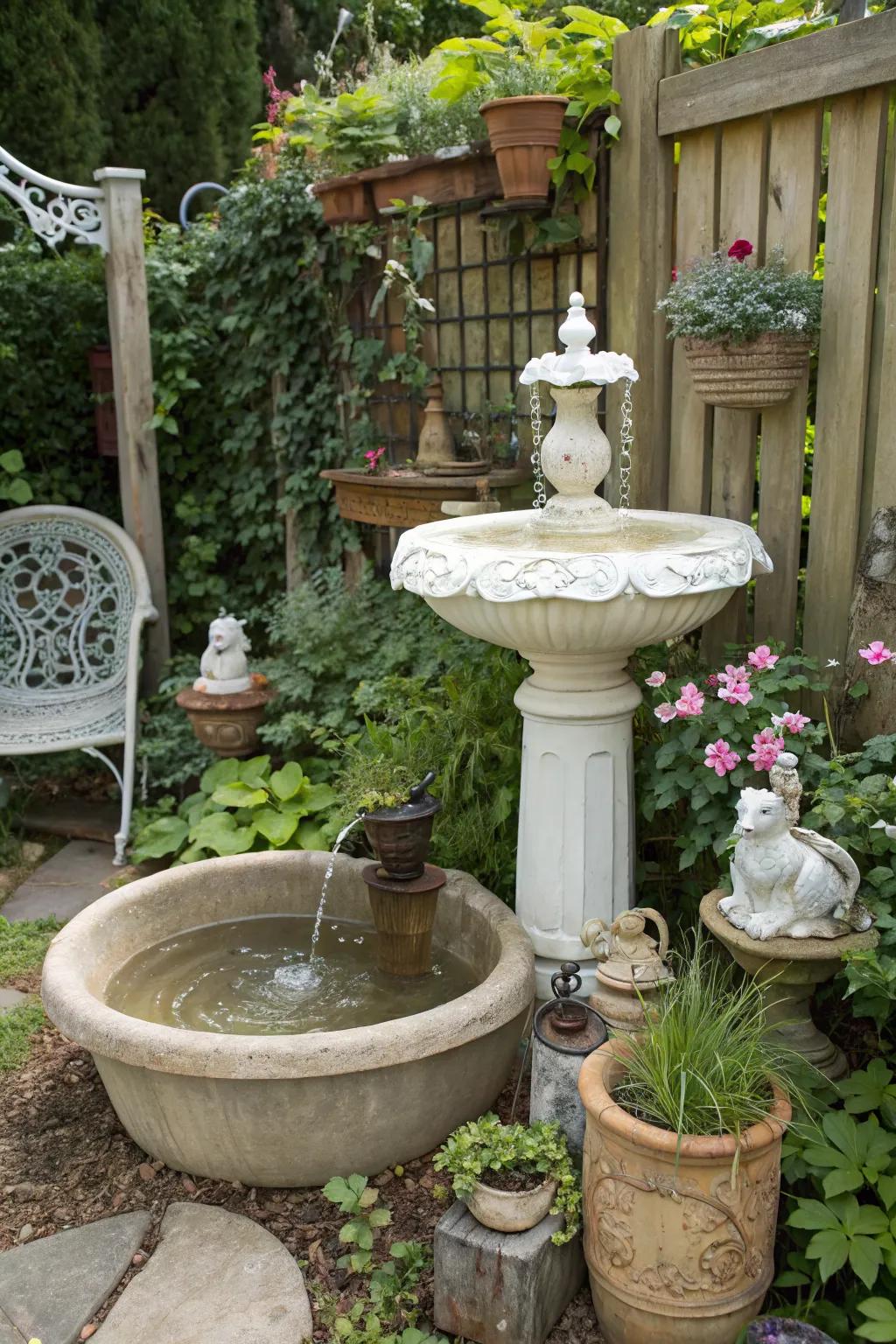 Add a vintage touch with a repurposed sink fountain.