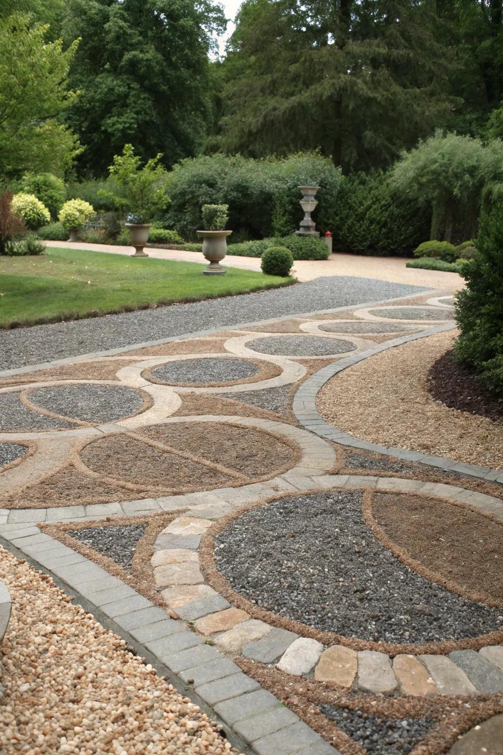 Patterned gravel layouts turn driveways into stunning artworks.