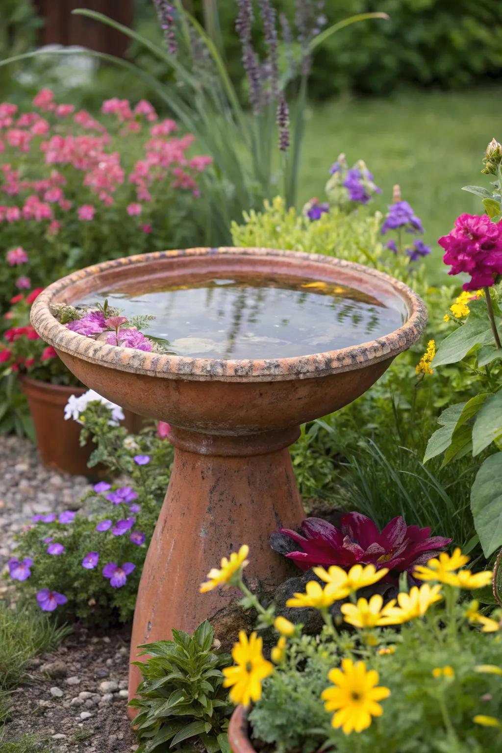 A ceramic bowl bird bath adds color and style to the garden.