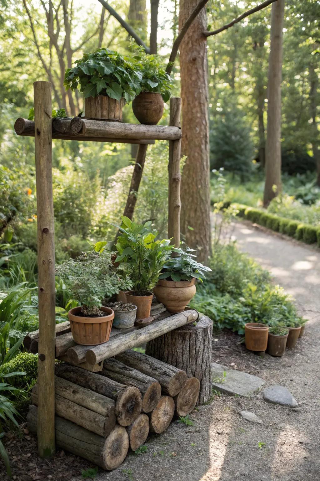 Embrace rustic charm with a log and plank plant stand.