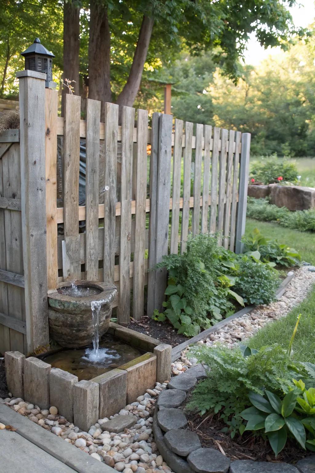 Add tranquility with a pallet fence and water feature.