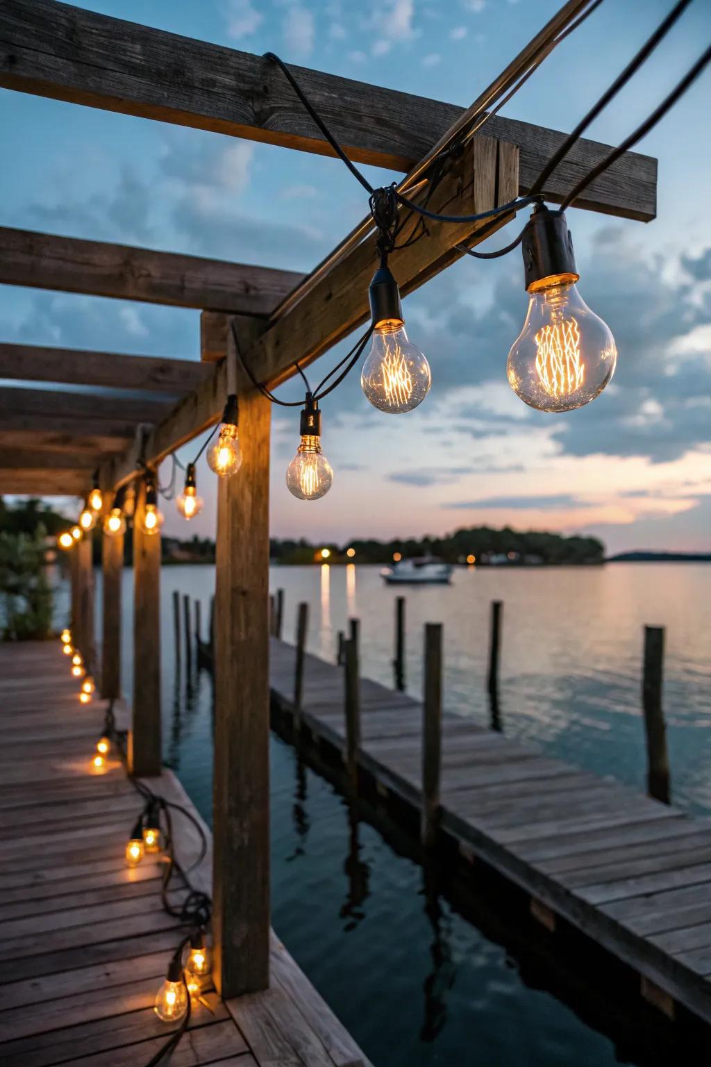 Edison bulbs adding a vintage charm to a dock setting.