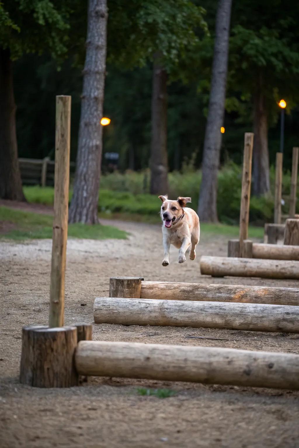 Rustic wooden elements bring a natural feel to a dog run.
