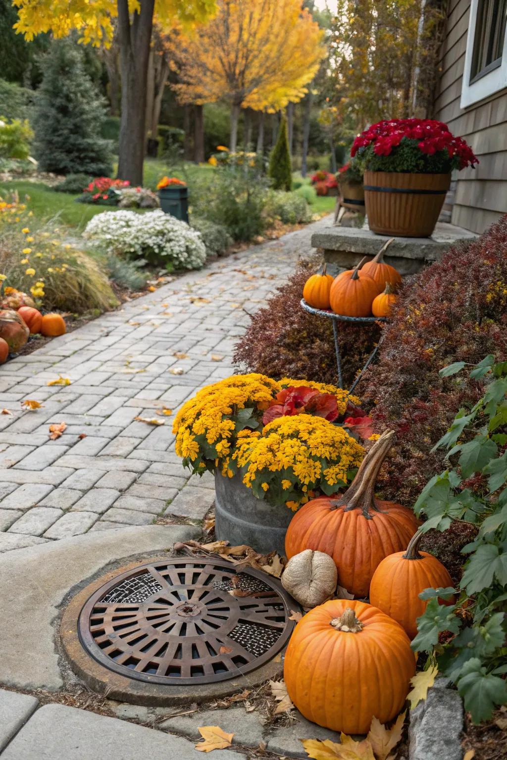 Seasonal displays keep drain covers hidden and festive.