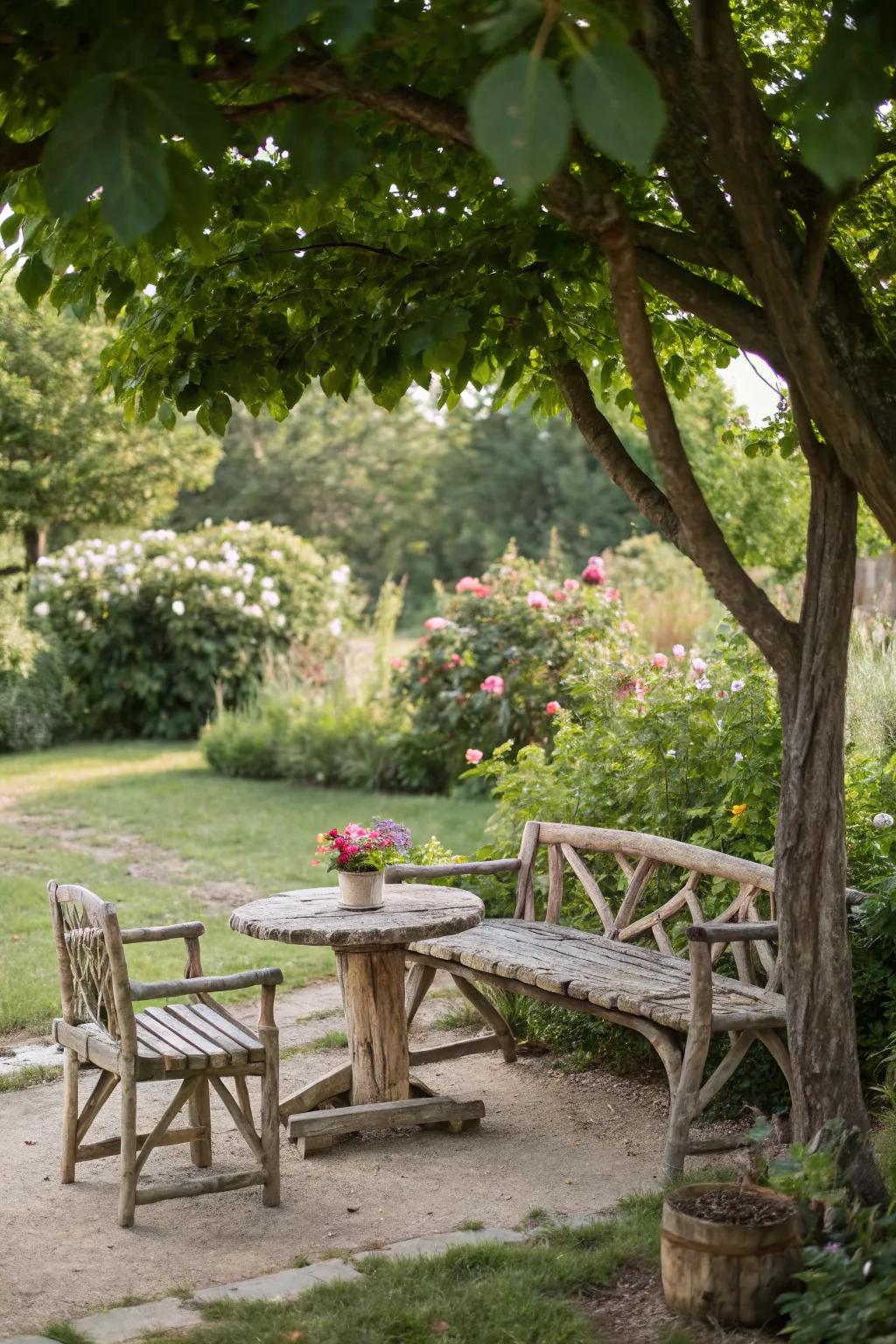 Natural driftwood furniture creating a cozy garden nook.